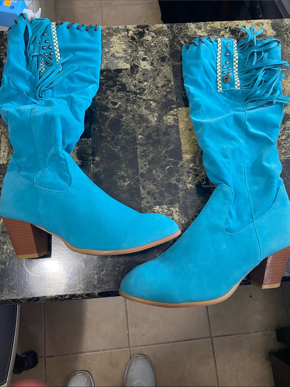 Turquoise Faux Suede Fringe Block Heeled Boots Size 42 (Fits - 11.5 -12) NWOT